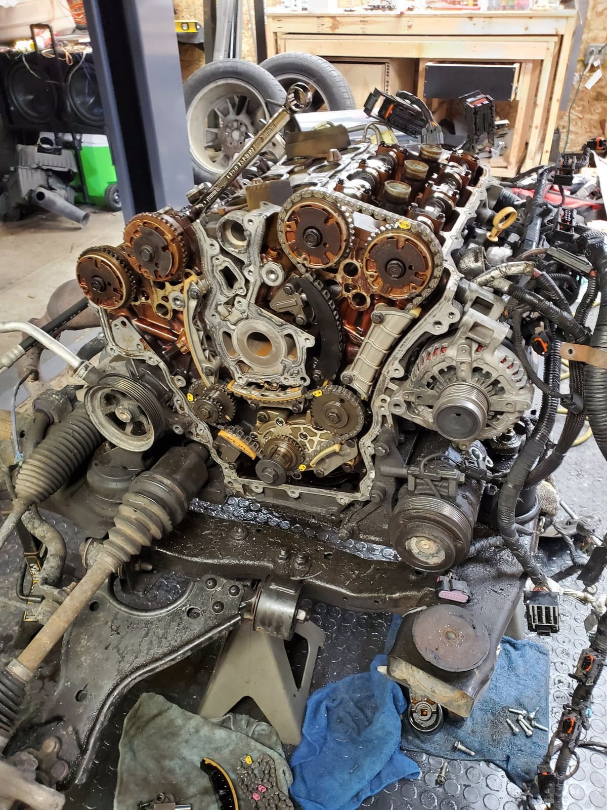 Timing set repair · engine bay disassembled